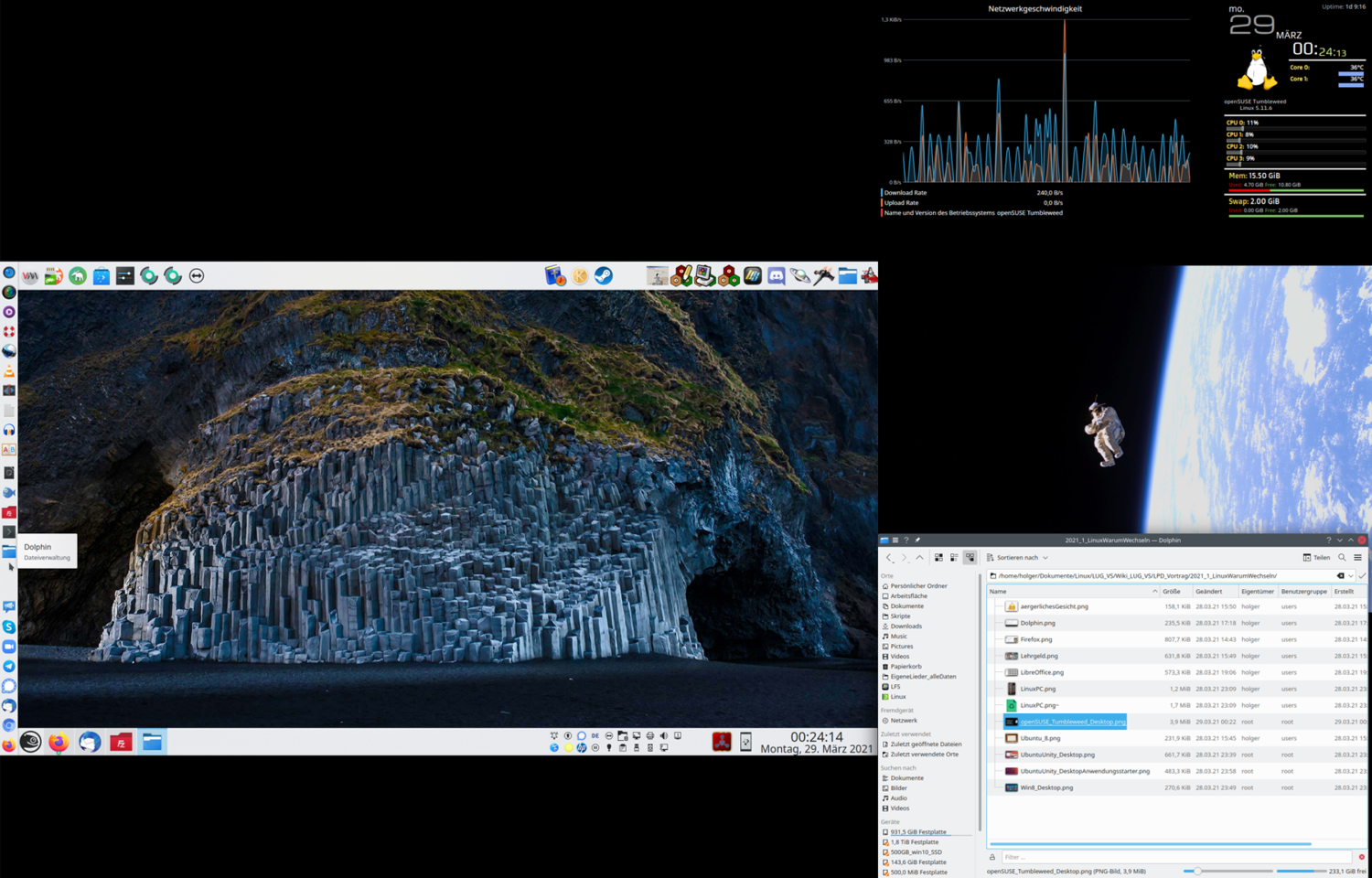 right mein aktueller KDE-Desktop (ein waagrechter Schirm mit drei Taskleisten , 1 x vertikaler Bildschirm mit zwei Miniprogrammen und geöffnetem Dolphin) unter openSUSE Tumbleweed